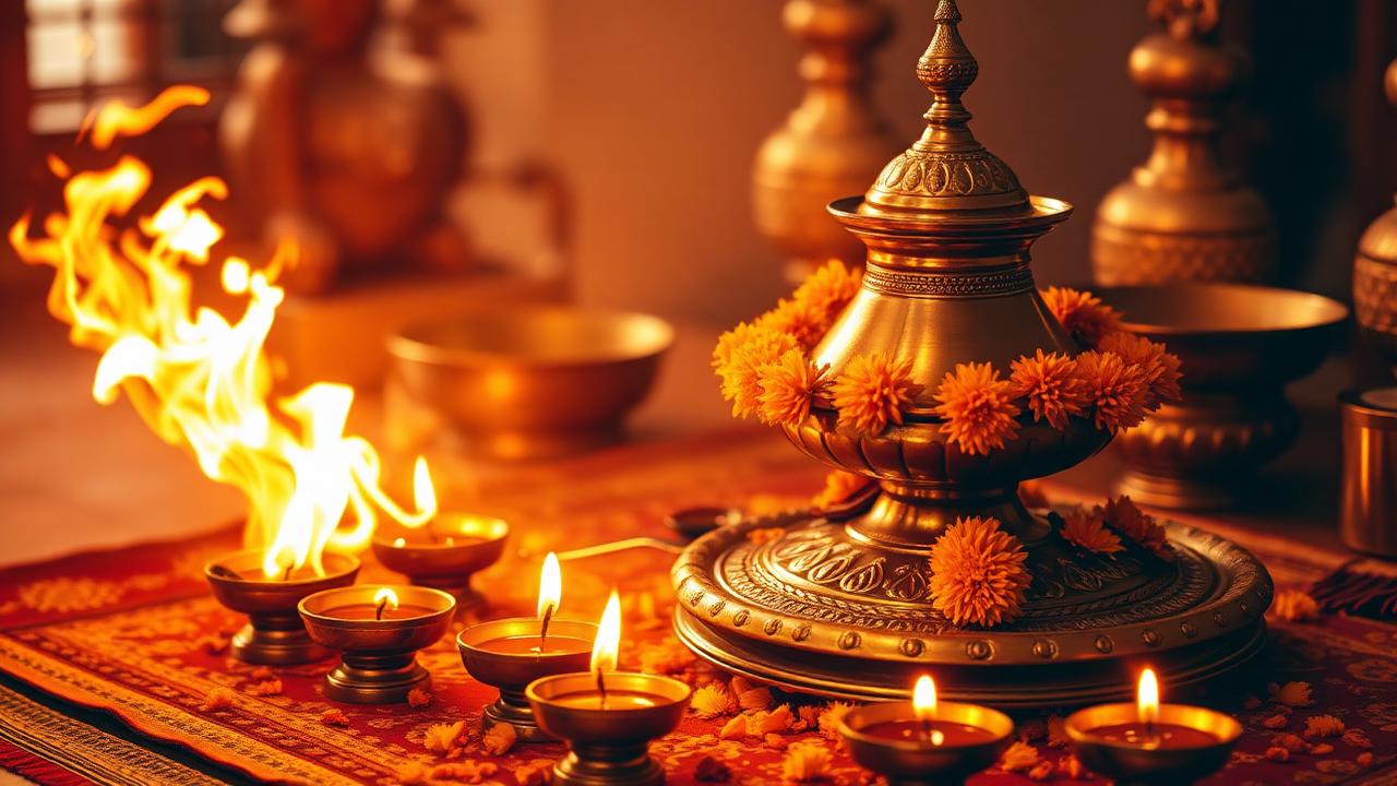 Havan fire with brass kalash and marigold flowers during a traditional puja