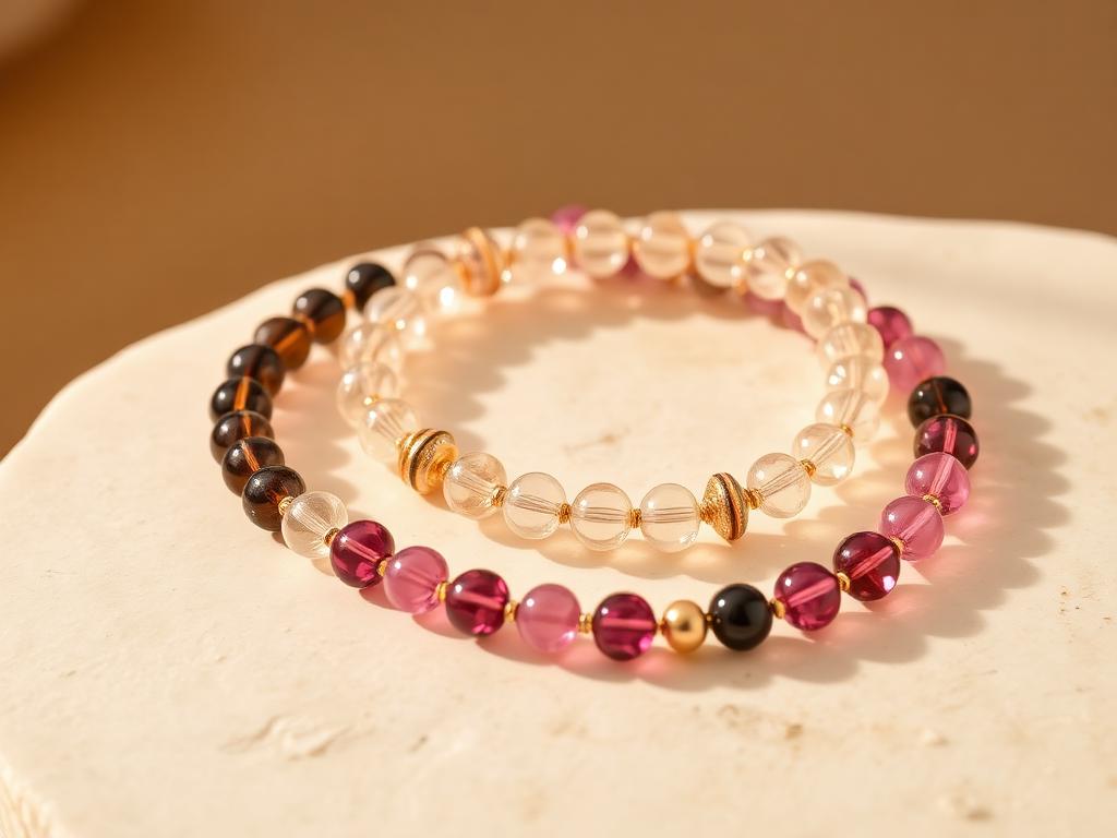 Crystal and gemstone bead bracelets arranged on ivory stone