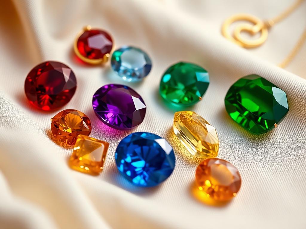 Polished astrological gemstones arranged on cream linen