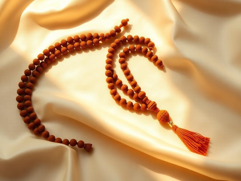 Rudraksha bead mala arranged on ivory silk cloth